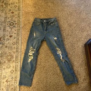Medium Blue High Rise Distressed Mom Jeans Size 00
